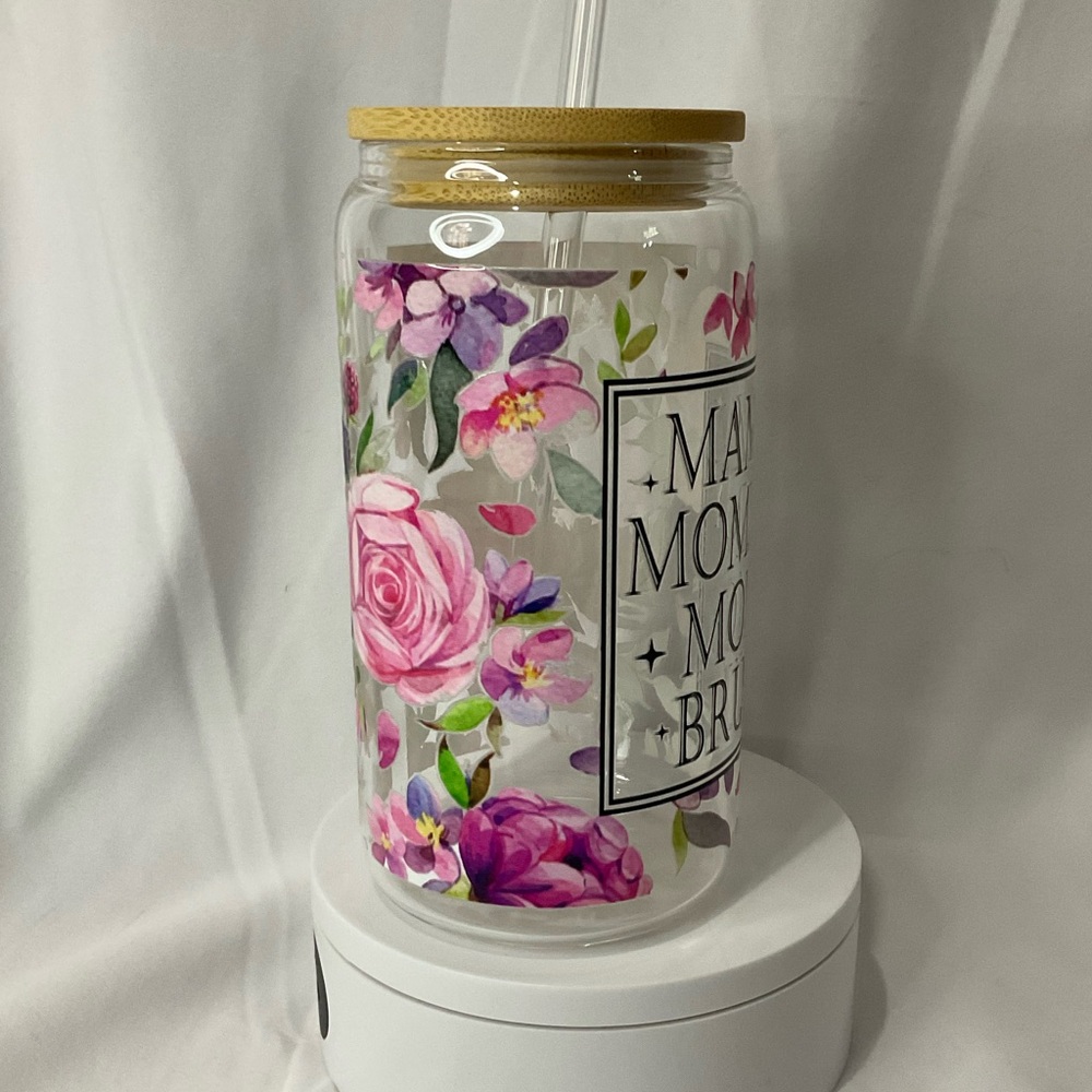 16 Ounce Handmade Clear Glass Can Cup, W/Lid & Straw, Mama Floral - Picture 3 of 13